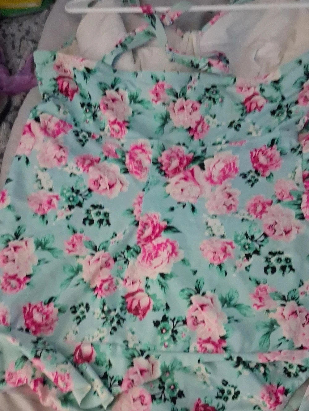pink and green floral swim dress with ruffled bottom